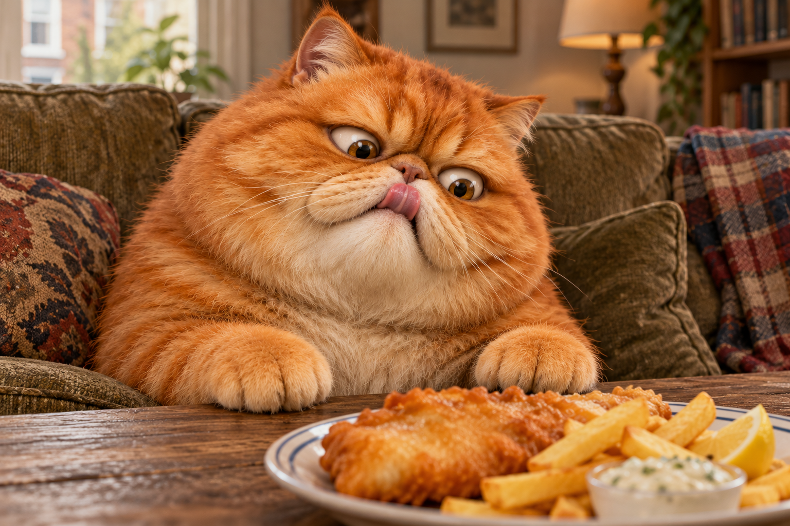 Hungry Cathole spotting fish and chips with wide eyes