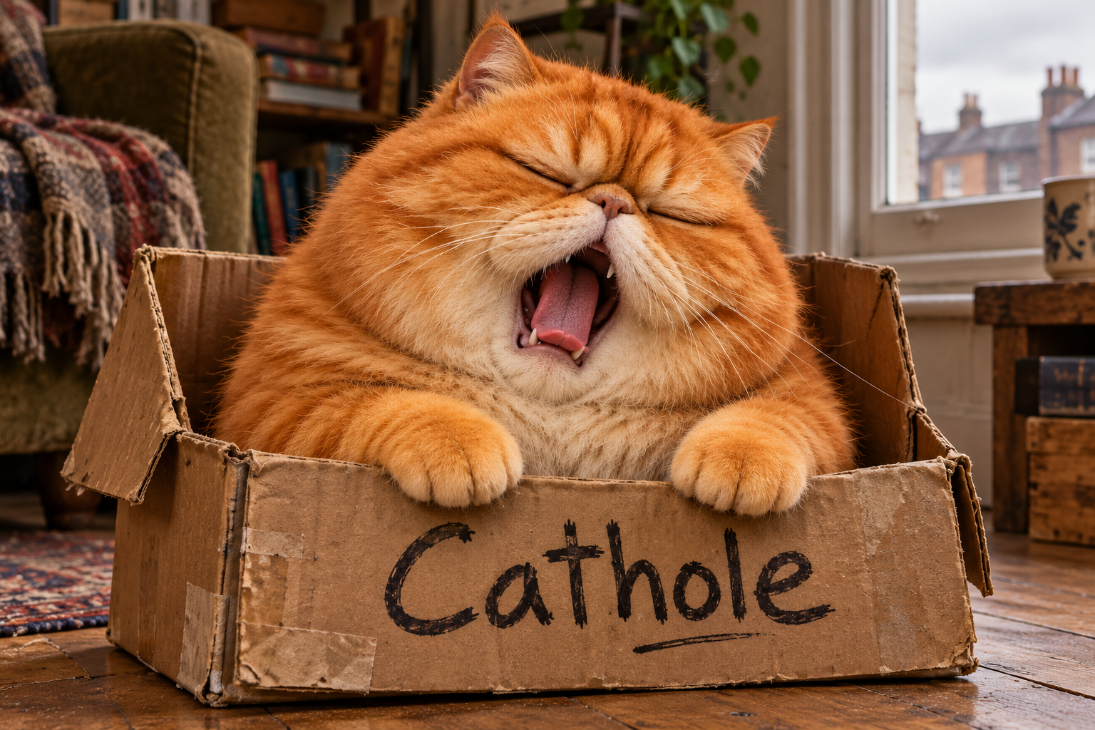 Sleepy Cathole yawning in his cardboard box