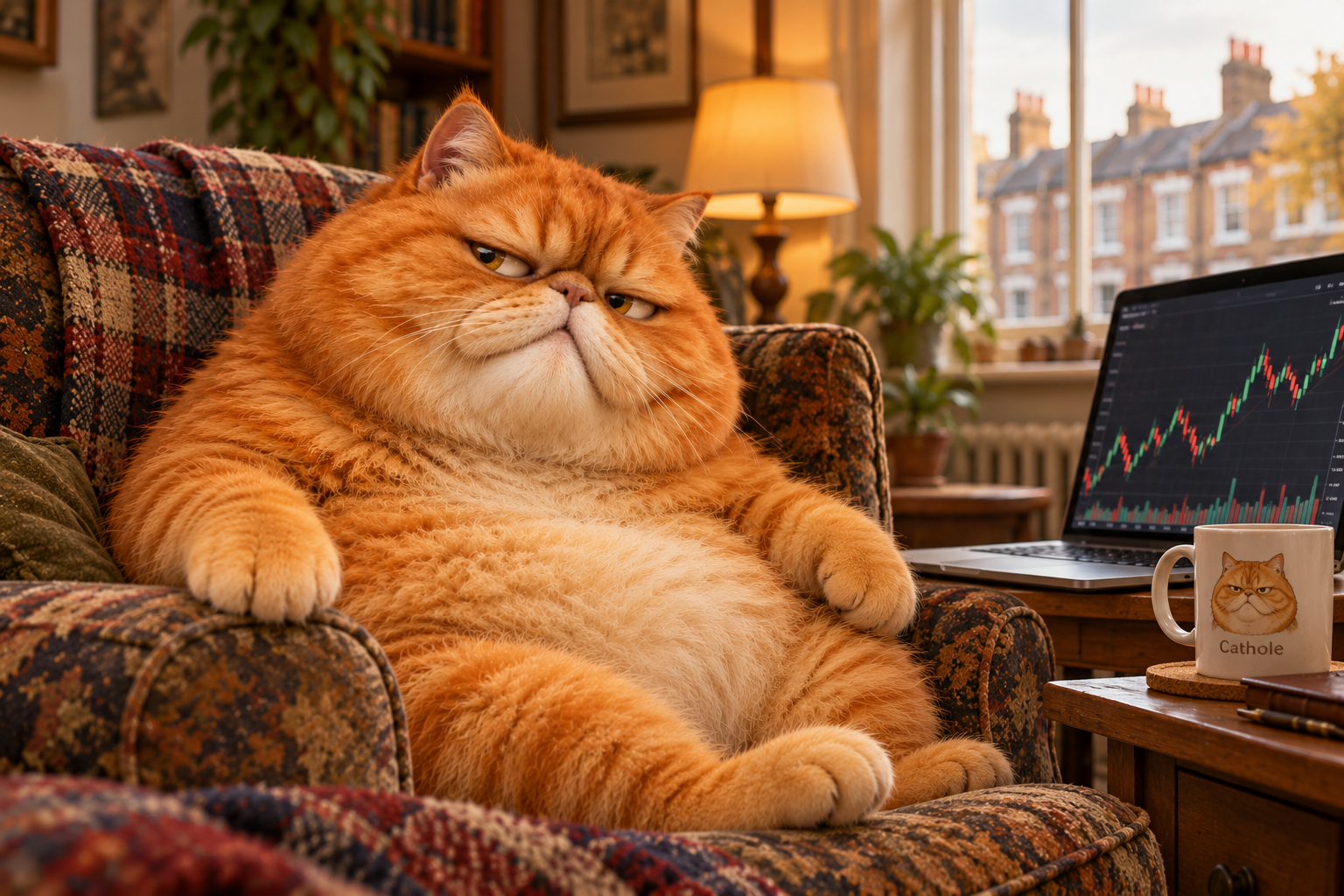 Unimpressed Cathole lounging beside a laptop with a trading chart